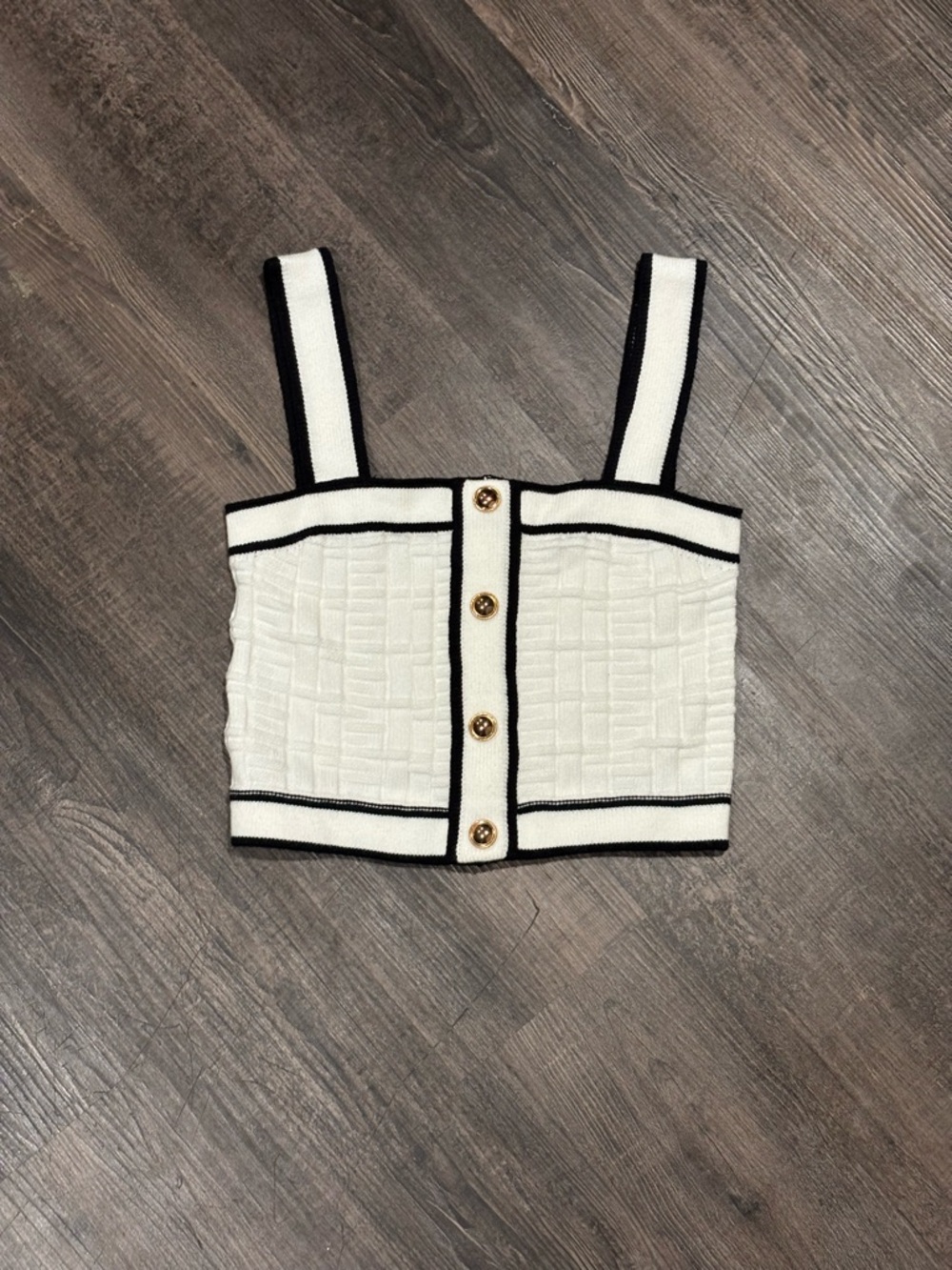 SHEIN White Textured Crop Tank with Black Trim and Gold Buttons